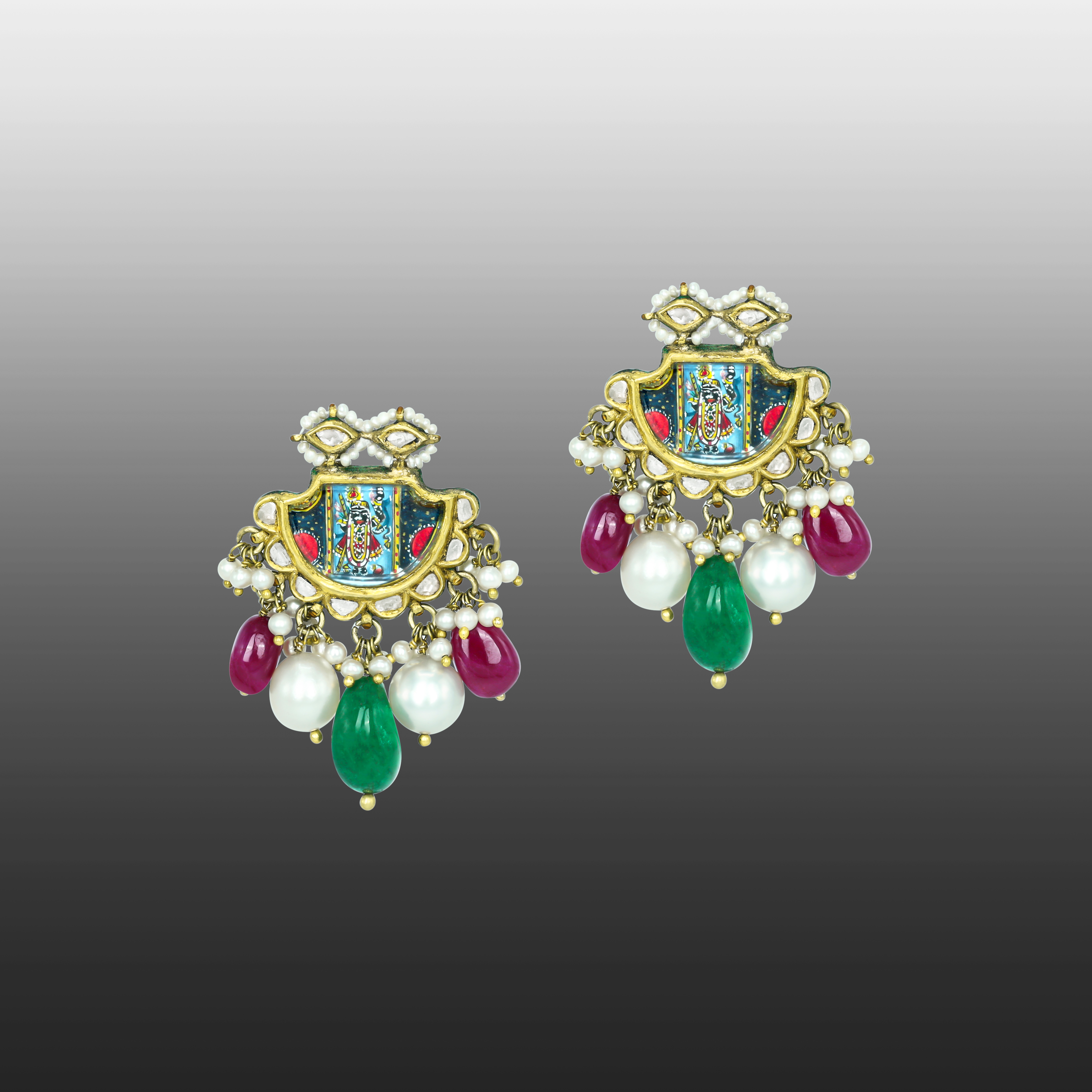 Shreenathji Pichwai Studs with Polkis, Rubies, and Pearls